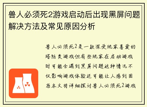 兽人必须死2游戏启动后出现黑屏问题解决方法及常见原因分析